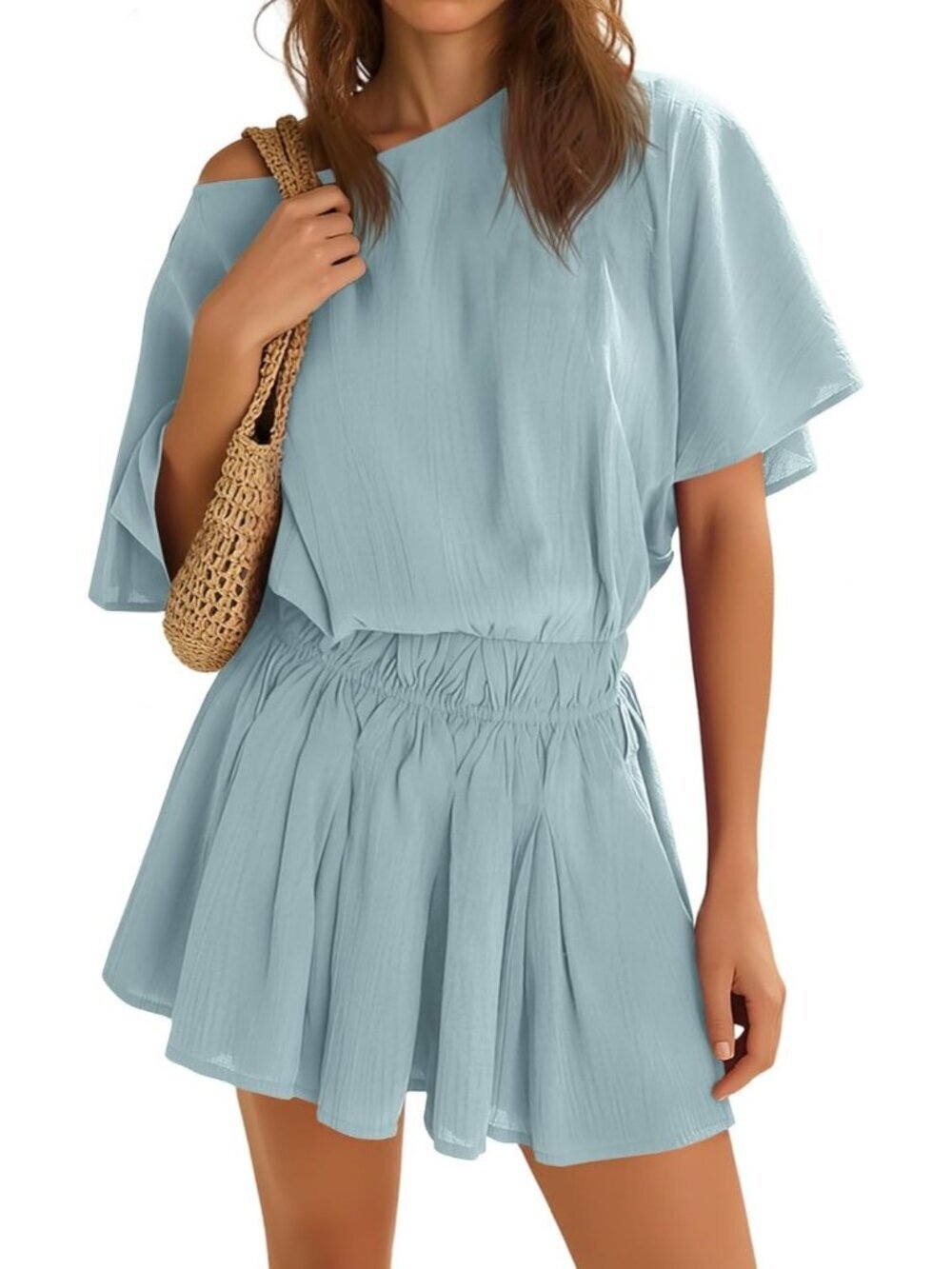 Women's Blue Summer Dresses Short Batwing Sleeve Cinched Waist Mini Dress